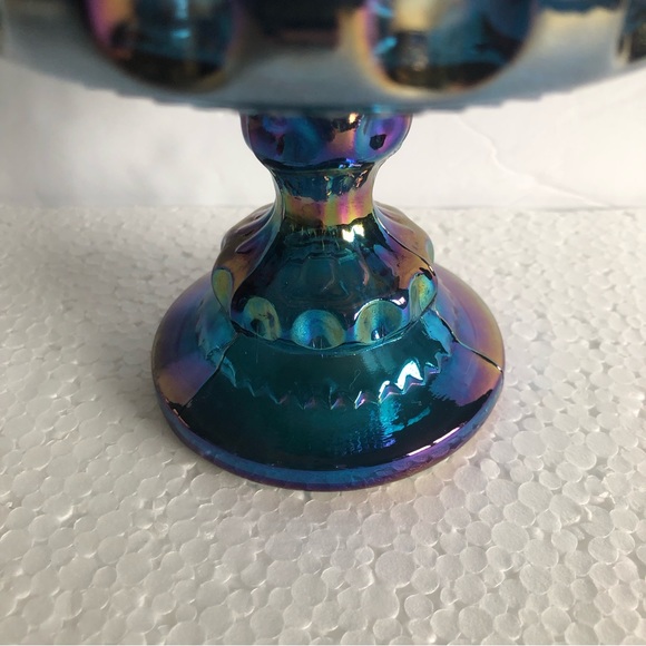 Blue Iridescent Kings Crown Thumbprint Carnival Glass Compote Candy Dish - Picture 4 of 6